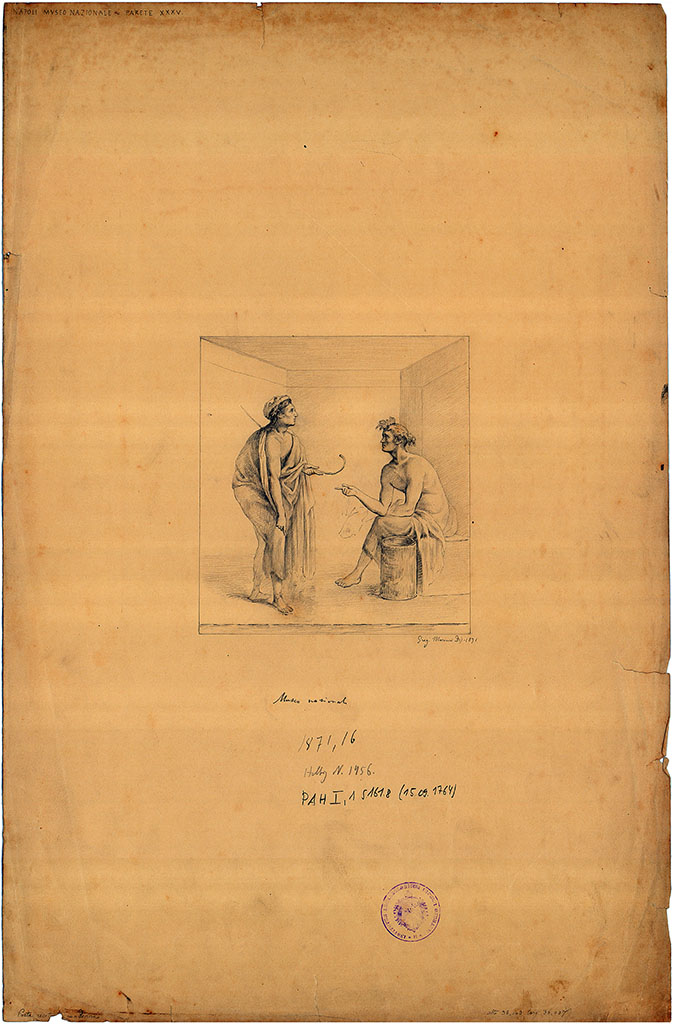 Podere di Irace. Painting by Gregorio Mariani, 1871. A poet giving instructions to an actor. (Helbig 1456)
DAIR: Pompeji Wandmalerei 34, p. 117. Photo © Deutsches Archäologisches Institut, Abteilung Rom, Arkiv. 
See Fiorelli G., 1860. Pompeianarum antiquitatum historia, Vol. 1: 1748 - 1818, Naples, 1, 15th September 1764, Podere di Irace, no. 8 out of 13 pictures found.
At the top is a note "Napoli Museo Nazionale – Parete XXXV"
The original wall painting is now in Naples Archaeological Museum. Inventory number 9032.
(Note: A very similar drawing by A. Aureli can be seen in IX.3.5, Helbig 1455, and MANN 9038)
