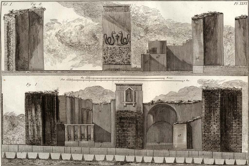 VI.17.4 left and VI.17.3 right, Pompeii, lower Fig. I, looking west from Via Consolare. Pre-1804. 
Drawing by Piranesi, described as �
�Different sides and elevations to show the interior and exterior of the Bar with Phallus.�
The upper, Fig. II, is how he drew the interior, looking west towards Via Consolare.
See Piranesi, F, 1804. Antiquit�s de la Grande Gr�ce : Tome I. Paris : Piranesi and Le Blanc. Vol. I, pl. XXVI.
