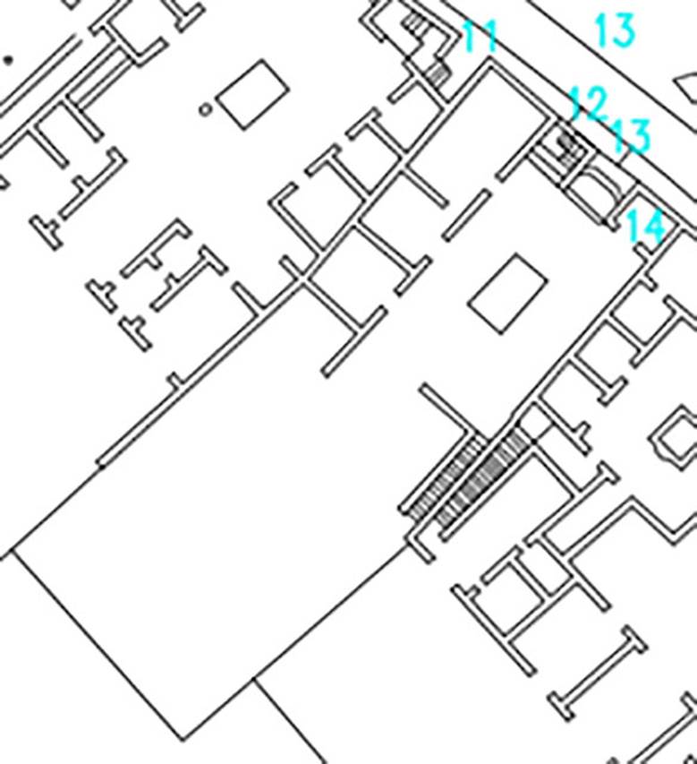 VI.17.12, 13 and 14 Pompeii. VI.17.13 is in the centre. 
Plan courtesy Dobbins, J. J. and Foss, P. W., 2008. The World of Pompeii. Oxford: Routledge, CDRom.

According to Fiorelli –
“VI.17.12-14. Un altra casa teneva sulla via una bottega, di cui sembra caduto il muro di fondo, un adito per la discesa nei sotterranei, e la porta d’ingresso preceduta da vestibolo, a sinistra del quale era un cubicolo. Altri tre cubicoli stavano sul destro lato dell’atrio, di cui essendo sprofondato il tablino, non rimane che una gradinata esistente nella vicina fauce.
See Fiorelli, G. (1875). Descrizione, (p.432-3)
See Pappalardo, U., 2001. La Descrizione di Pompei per Giuseppe Fiorelli (1875). Napoli: Massa Editore. (p.159)
(translation -
"VI.17.12-14. Another house which had a shop on the roadway, of which it seemed the rear wall had fallen, a room to descend to lower floors, and the entrance doorway preceded by a vestibule, to the left of which was a cubiculum. Another three cubicula were on the right hand side of the atrium, the tablinum having collapsed, nothing remained other than a stair existing in the nearby corridor.) 
According to Eschebach, Fiorelli’s description may have been imperfect, “shop does not exist”.
See Eschebach, L., 1993. Gebäudeverzeichnis und Stadtplan der antiken Stadt Pompeji. Köln: Böhlau. (p.235)
