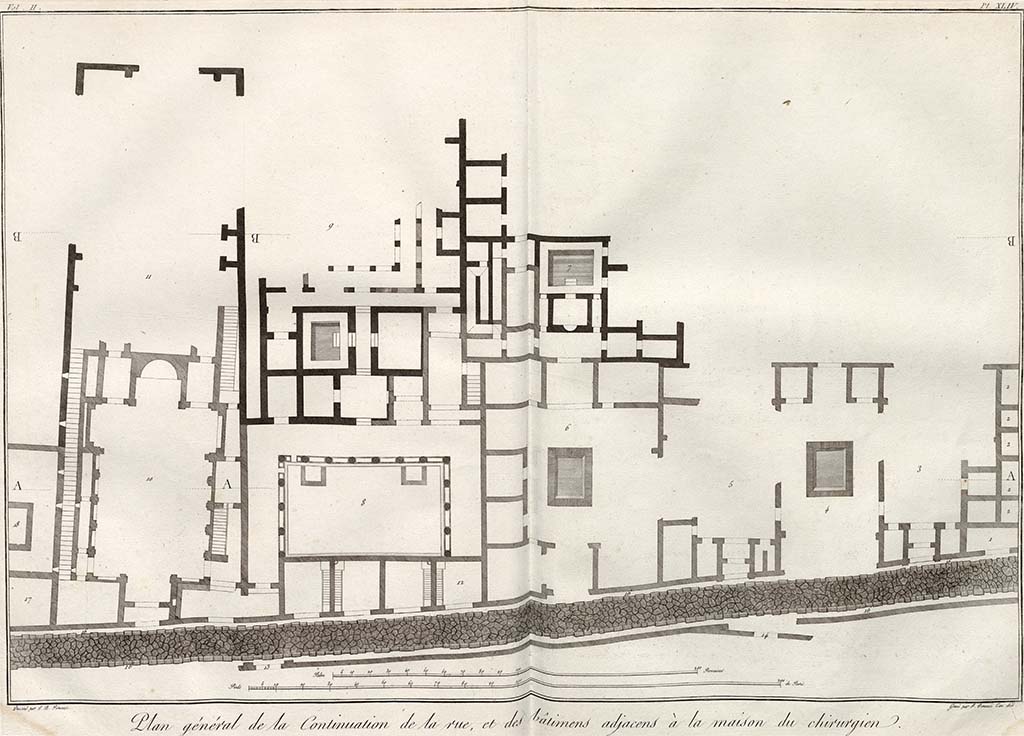 VI.17.26, 25, 24, 23, on left, followed by house at 17, etc. which Piranesi described as house with three atriums.
Drawing by Piranesi, which does not agree with La Vega�s plan, or of Marchesi, above, or what can be seen �on the ground today�.  
See Piranesi, F, 1804. Antiquit�s de la Grande Gr�ce : Tome II. Paris : Piranesi and Le Blanc, (Vol. II, Pl. XLIV).
