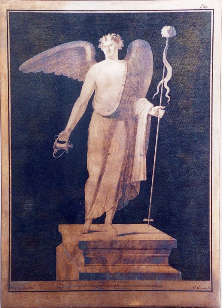 VI.17.25 Pompeii. Winged female figure with cup and thyrsus on pedestal. Drawing by Vincenzo Campana engraving by Giuseppe Guerra.
Now in Naples Archaeological Museum. Inventory number 350949. 
Photo � ICCD. http://www.catalogo.beniculturali.it
Utilizzabili alle condizioni della licenza Attribuzione - Non commerciale - Condividi allo stesso modo 2.5 Italia (CC BY-NC-SA 2.5 IT)
The ICCD image is of a copper plate and has here been reversed to show the painting as it would have been on the wall and in print.
See Pagano, M. and Prisciandaro, R., 2006. Studio sulle provenienze degli oggetti rinvenuti negli scavi borbonici del regno di Napoli. Naples: Nicola Longobardi, p.77 and Rami Inediti 383.
See PAH, 1, 1, 305, copy above.
