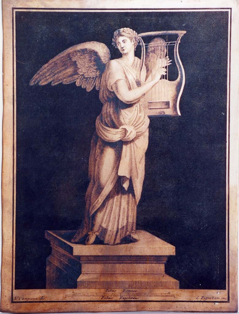 VI.17.25 Pompeii. Winged female figure playing harp on pedestal. Drawing by Vincenzo Campana engraving by Carmine Pignataro.
Now in Naples Archaeological Museum. Inventory number 350952.
Photo � ICCD. http://www.catalogo.beniculturali.it
Utilizzabili alle condizioni della licenza Attribuzione - Non commerciale - Condividi allo stesso modo 2.5 Italia (CC BY-NC-SA 2.5 IT)
The ICCD image is of a copper plate and has here been reversed to show the painting as it would have been on the wall and in print.
See Pagano, M. and Prisciandaro, R., 2006. Studio sulle provenienze degli oggetti rinvenuti negli scavi borbonici del regno di Napoli. Naples: Nicola Longobardi, p.77 and Rami Inediti 384.
See PAH, 1, 1, 305, copy above.
