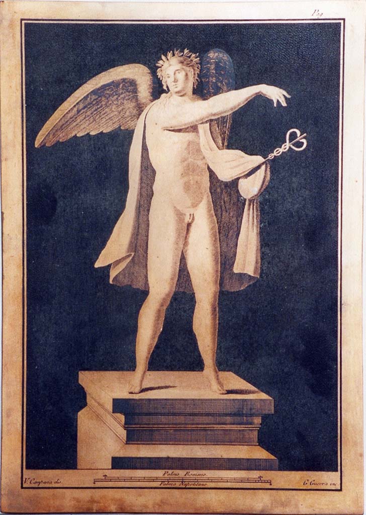 VI.17.25 Pompeii. Winged male figure with caduceus on pedestal. Drawing by Vincenzo Campana engraving by Giuseppe Guerra.
Now in Naples Archaeological Museum. Inventory number 350957.
Photo � ICCD. http://www.catalogo.beniculturali.it
Utilizzabili alle condizioni della licenza Attribuzione - Non commerciale - Condividi allo stesso modo 2.5 Italia (CC BY-NC-SA 2.5 IT)
The ICCD image is of a copper plate and has here been reversed to show the painting as it would have been on the wall and in print.
See Pagano, M. and Prisciandaro, R., 2006. Studio sulle provenienze degli oggetti rinvenuti negli scavi borbonici del regno di Napoli. Naples: Nicola Longobardi, p.77 and Rami Inediti 385.
See PAH, 1, 1, 305, copy above.
