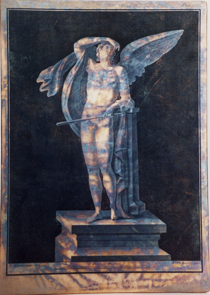 VI.17.25 Pompeii. Winged male figure with staff on pedestal. Drawing by Vincenzo Campana engraving by Aniello Cataneo.
Now in Naples Archaeological Museum. Inventory number 350979.
Photo � ICCD. http://www.catalogo.beniculturali.it
Utilizzabili alle condizioni della licenza Attribuzione - Non commerciale - Condividi allo stesso modo 2.5 Italia (CC BY-NC-SA 2.5 IT)
The ICCD image is of a copper plate and has here been reversed to show the painting as it would have been on the wall and in print.
See Pagano, M. and Prisciandaro, R., 2006. Studio sulle provenienze degli oggetti rinvenuti negli scavi borbonici del regno di Napoli. Naples: Nicola Longobardi, p.77 and Rami Inediti 386.
See PAH, 1, 1, 305, copy above.
