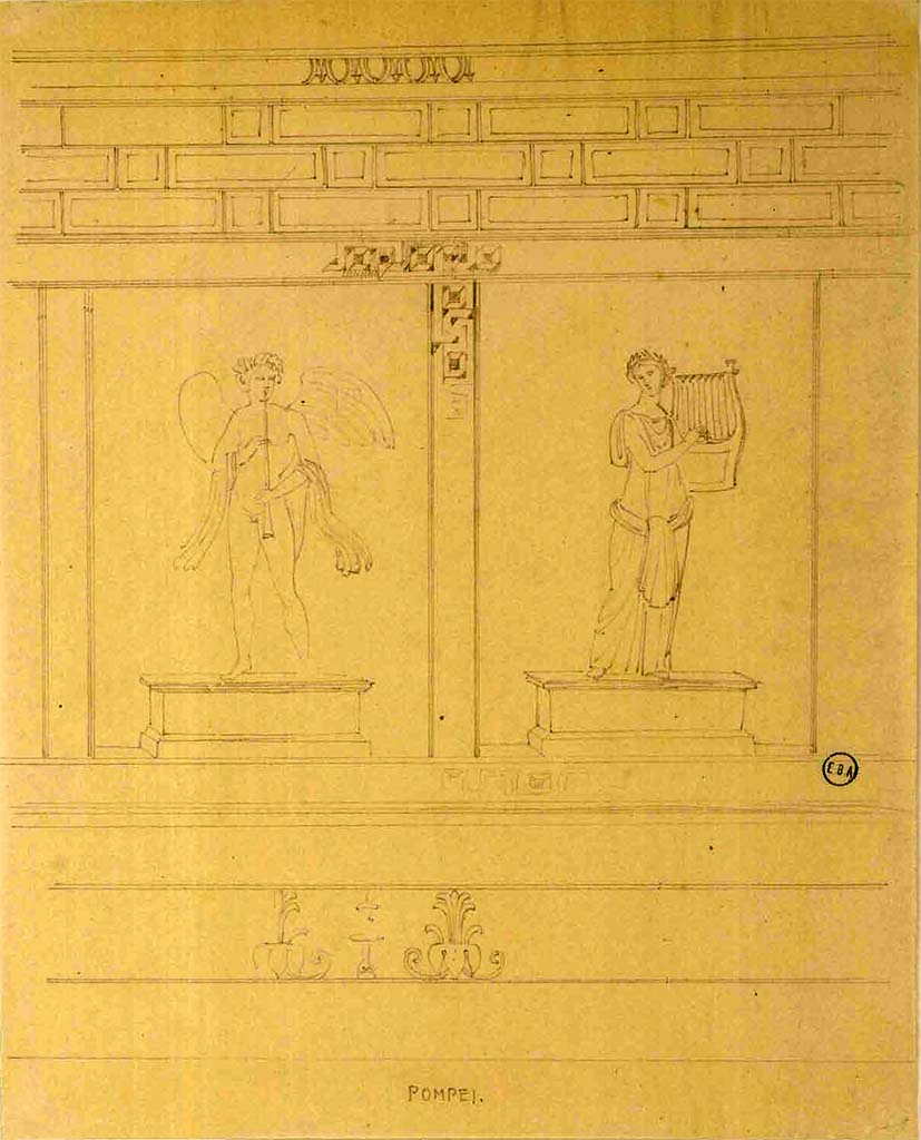 VI.17.15-18 Pompeii. 
Sketch of wall with two figures in underground area, the male playing a horn and the female playing the harp.
See Lesueur, Jean-Baptiste Ciceron. Voyage en Italie de Jean-Baptiste Ciceron Lesueur (1794-1883), pl. 21.
See Book on INHA reference INHA NUM PC 15469 (04)  � Licence Ouverte / Open Licence � Etalab
