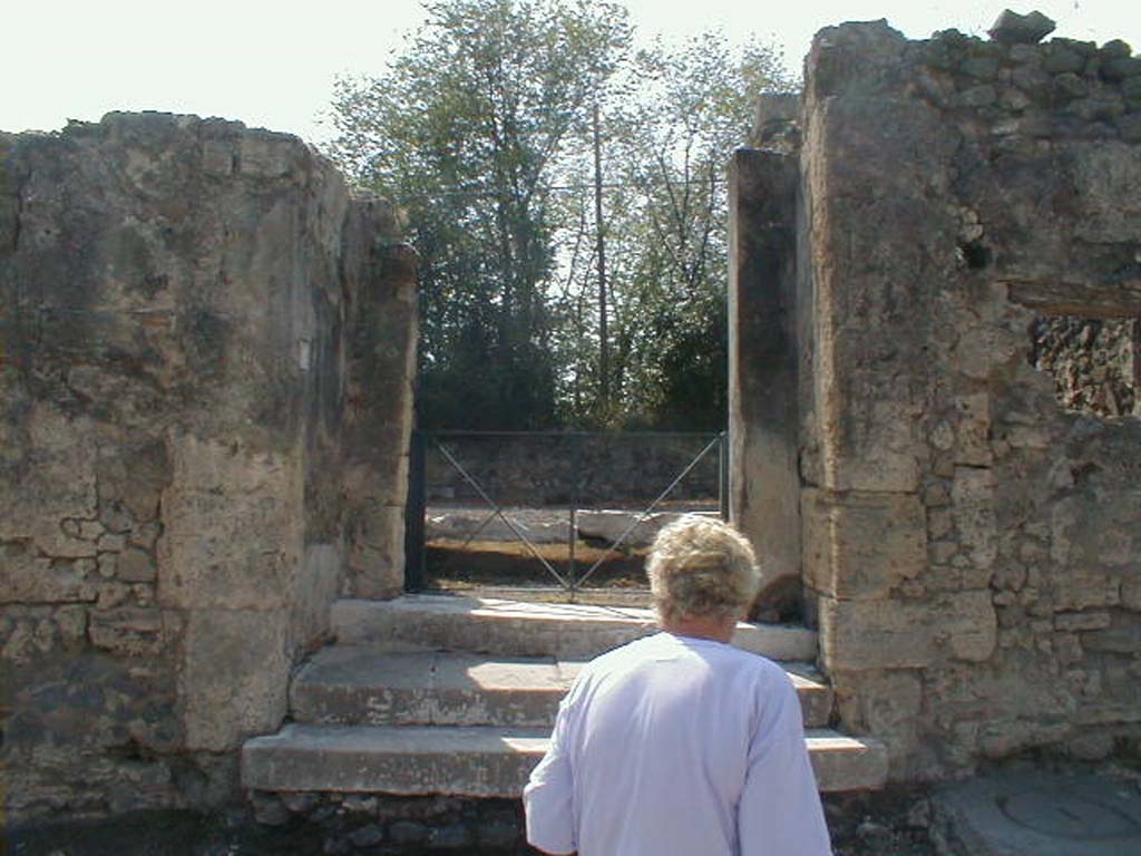 VI.17.17 Pompeii. September 2004. Looking west at three steps on Via Consolare, leading to vestibule.
According to Fiorelli, on one of the pilasters that fronted onto the Via Consolare, one could read –

M.  CERRINIVM
AED.  SALINIENSES
              ROG.                  [CIL IV 128]

See Pappalardo, U., 2001. La Descrizione di Pompei per Giuseppe Fiorelli (1875). Napoli: Massa Editore. (p.159).
