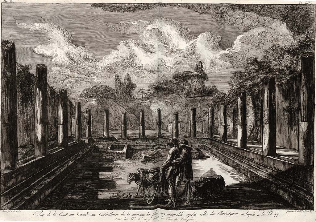 VI.17.23 Pompeii. c.1805. Drawing by Piranesi. Looking west across peristyle at street level.
According to Jashemski, above, this peristyle would have had a portico supported by 14 columns and 2 engaged columns.
See Piranesi, F, 1804. Antiquit�s de la Grande Gr�ce : Tome II. Paris : Piranesi and Le Blanc, (Vol. II, Pl. LIV).
