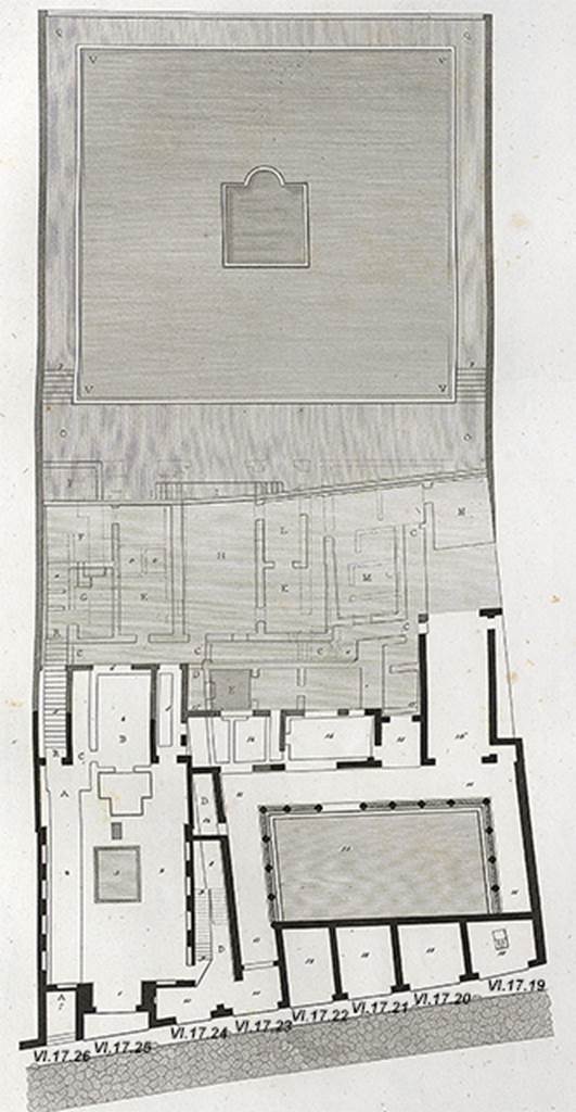 VI.17.24 Pompeii. Plan after Mazois, showing from left to right entrances VI.17.26, 25, 24, 23, 22, 21, 20, 19.
See Mazois, F., 1824. Les Ruines de Pompei: Second Partie. Paris: Firmin Didot. (p. 72, Pl. XXX)

According to Fiorelli � the dwelling at VI.17.23/25 had six shops attached to it, along the Via Consolare.
See Pappalardo, U., 2001. La Descrizione di Pompei per Giuseppe Fiorelli (1875). Napoli: Massa Editore, p. 159.
