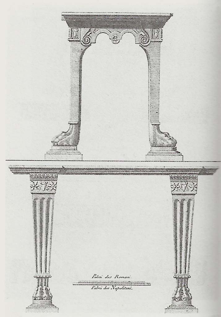 VI.17.25 Pompeii.
Drawing of marble table with two heads of animals in the cornice, with the foot detached that forms a grooved pilaster with frame and plinth.
See Pagano M., 1997. I diari di scavo di Pompei, Ercolano e Stabia di Francesco e Pietro La Vega (1764-1810). Roma, (p.55).
See Pagano, M. and Prisciandaro, R., 2006. Studio sulle provenienze degli oggetti rinvenuti negli scavi borbonici del regno di Napoli. Naples: Nicola Longobardi, (p.79), Rami Inediti 67ab, and Pompeianarum Antiquitatum Historia, 1, 1, 314, see above.