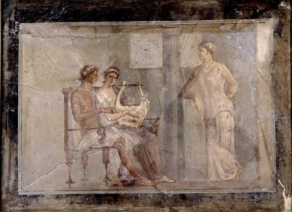 VI.17.19-26 Pompeii. Painting of Apollo instructing a female Citharist (muse?) while another woman leaning on a low pillar listens.
Photo © Trustees of the British Museum. Inventory number 1867,0508.1353.
See Richardson, L., 2000. A Catalog of Identifiable Figure Painters of Ancient Pompeii, Herculaneum. Baltimore: John Hopkins, p. 65, p. 67.