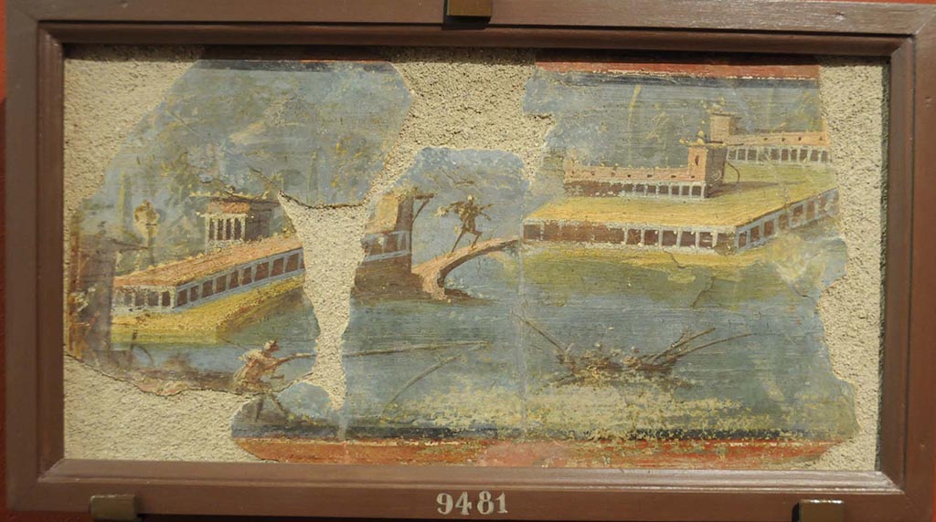 VI.17.25 Pompeii. Fresco of maritime scene with villas, found 15th September 1764, with 12 other paintings in “Podere di Irace”.
Now in Naples Archaeological Museum. Inventory number 9481.
See Pagano, M. and Prisciandaro, R., 2006. Studio sulle provenienze degli oggetti rinvenuti negli scavi borbonici del regno di Napoli. Naples: Nicola Longobardi. (p.48)
