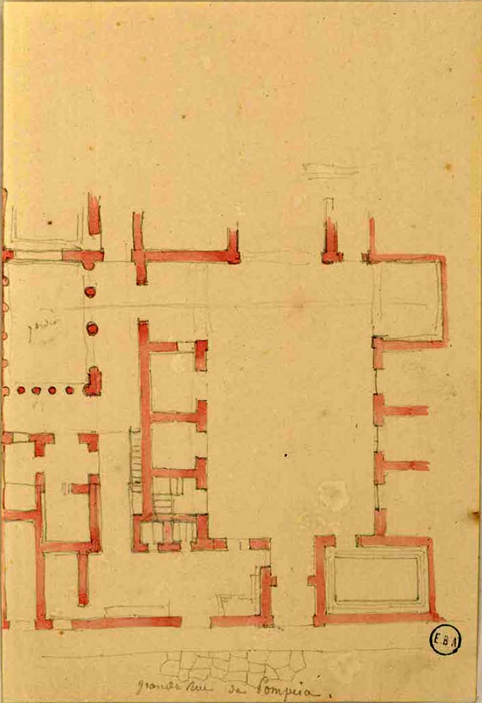 VI.17.27 Pompeii. Sketch by Lesueur of plan, with house entrance on west side of Via Consolare.
See Lesueur, Jean-Baptiste Ciceron. Voyage en Italie de Jean-Baptiste Ciceron Lesueur (1794-1883), pl. 20.
See Book on INHA reference INHA NUM PC 15469 (04)  � Licence Ouverte / Open Licence � Etalab
