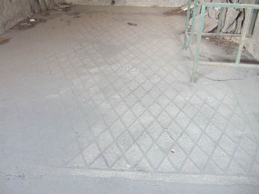 VI.17.41 Pompeii. May 2006. Mosaic floor in triclinium on south side of atrium. 
The mosaic floor of this triclinium was divided into two parts, the anteroom and the main room.
The mosaic in the main room was of a net design of diamond shapes (lozenges) outlined in black on a white background.
It was bordered by two wide bands of black and white mosaic, at the base of the walls the floor was of white mosaic. 
The lack of mosaic (at the lower edge of the photo) was probably due to the removal of the threshold between the anteroom and the main room by the Bourbon excavators.
The mosaic floor of the anteroom was of a �carpet� design edged with a straight black band, in the centre of the �carpet� on a white background, was a pattern of rows of crosses, formed by four small black tesserae.
See Fiorelli G., 1860. Pompeianarum antiquitatum historia, Vol. 1: 1748 - 1818, Naples, 1, pp.97-101.
