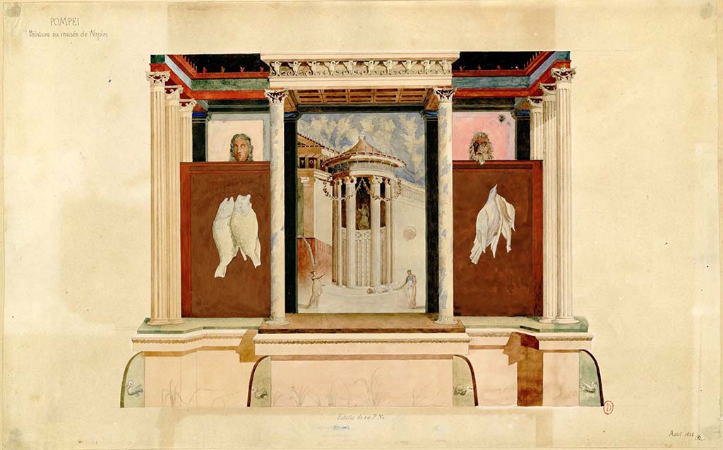 VI.17.41 Pompeii. August 1832. Painted in Naples Museum by Charles Auguste Questel.
Found on 6th October 1759 on the south wall of cubiculum 17 in VI.17.41. 
See Charles-Auguste Questel (1807-1888) Voyage en Italie et Sicile. Ao�t 1831 - novembre 1832, pl. 41/120.
INHA identifiant num�rique: NUM MS 512. Document plac� sous � Licence Ouverte / Open Licence � Etalab 

