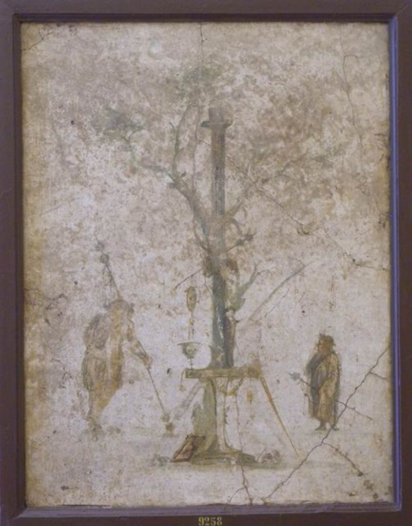 VI.17.41 Pompeii. Found in cubiculum 17 on 17th November 1759. Wall painting of Dionysian rites.
Now in Naples Archaeological Museum. Inventory number 9258.
See Pagano, M. and Prisciandaro, R., 2006. Studio sulle provenienze degli oggetti rinvenuti negli scavi borbonici del regno di Napoli. Naples: Nicola Longobardi. (p.32).
See Helbig, W., 1868. Wandgem�lde der vom Vesuv versch�tteten St�dte Campaniens. Leipzig: Breitkopf und H�rtel. (572)
See Antichit� di Ercolano: Tomo Quarto: Le Pitture 4, 1765, Tav. XVII, p, 85.
