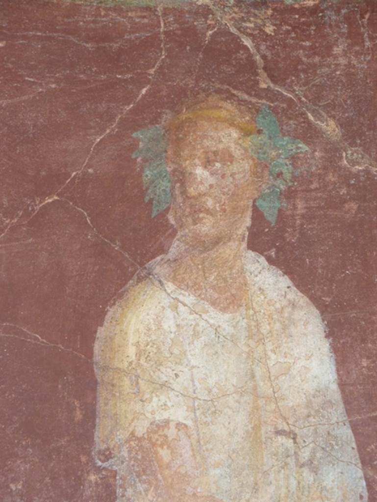 VI.17.41 Pompeii. October 2010. East wall of exedra 18 on north side of cubiculum 17. 
Detail of painting of robed figure. Photo courtesy of Gaby Gro�e.

