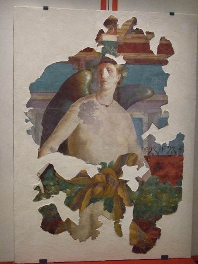 VI.17.41 Pompeii, according to PPM –
“This painting has been wrongly attributed to the tablinum of VI.17.41, the pieces recomposed from numerous fragments and shows a flying female Genius. The characteristics of the figure do not seem to agree with the recognisable remains from the north wall of the tablinum, therefore one must think that the fragments had been found in this area during the excavation in the 1950’s and perhaps belong to the decoration of oecus 15 in the south-west of the house at VI.7.41, or of triclinium 20 in the north-west corner of the same house.”
See Carratelli, G. P., 1990-2003. Pompei: Pitture e Mosaici. VI. (6). Roma: Istituto della enciclopedia italiana, (p.20, no.22/23.)
Or VII.16.17-22 Pompeii. Wall painting of winged female figure, possibly Victoria. PAP 41653.
Photographed at “A Day in Pompeii” exhibition at Melbourne Museum. September 2009.
This may have come from the area of oecus 32 and may be the II style winged Nike.
This room has not been photographed.