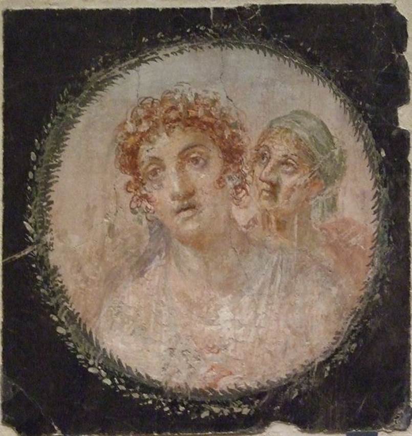 VI.17.42 Pompeii. Triclinium 20 overlooking garden, east end of north wall. Wall painting of two unidentified women, possibly Phaedra with her elderly nurse. SAP 20544. Photographed at “A Day in Pompeii” exhibition at Melbourne Museum. September 2009. See Aoyagi M. and Pappalardo U., 2006. Pompei (Regiones VI-VII) Insula Occidentalis. Napoli: Valtrend. (p.132).