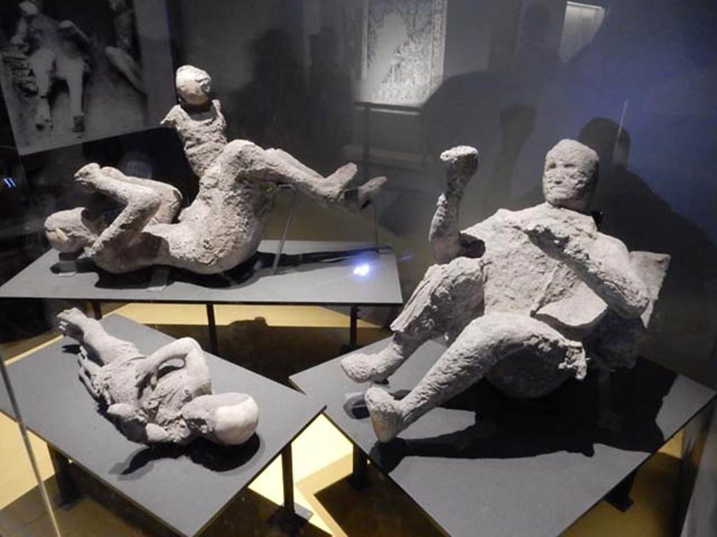 VI.17.42, Pompeii, May 2018. Plaster casts of fugitives found in the lower corridor, see VI.17.42, Garden, for area.
Photo courtesy of Buzz Ferebee.