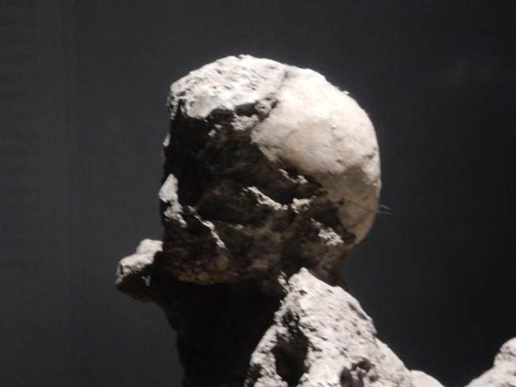 VI.17.42, Pompeii, May 2018.
Detail of head of child, found in the corridor leading to the garden area. Photo courtesy of Buzz Ferebee.