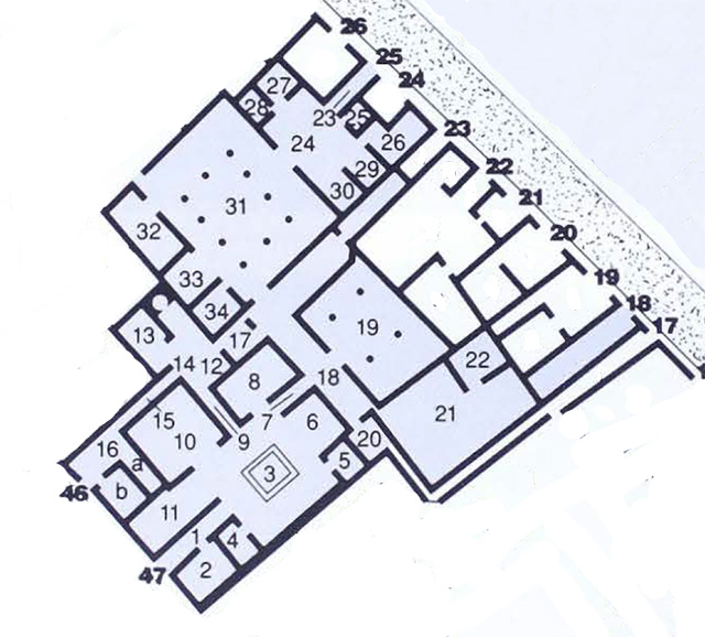 VII.1.47 Pompeii. Domus Vedi Sirici or House of Siricus
or House of Vedius Siricus and Vedius Nummianus
VII.1.25 Pompeii. Casa dei Principi di Russia, second entrance to VII.1.47
VII.1.46 Third entrance linked to VII.1.25 and VII.1.47
Combined Plan