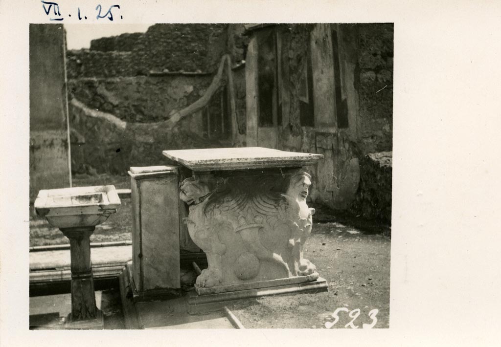 VII.1.25 Pompeii. Pre-1937-39. 
Looking south-west across atrium towards painted decoration on west wall, and ala with remaining painted walls.
Photo courtesy of American Academy in Rome, Photographic Archive. Warsher collection no. 523.

