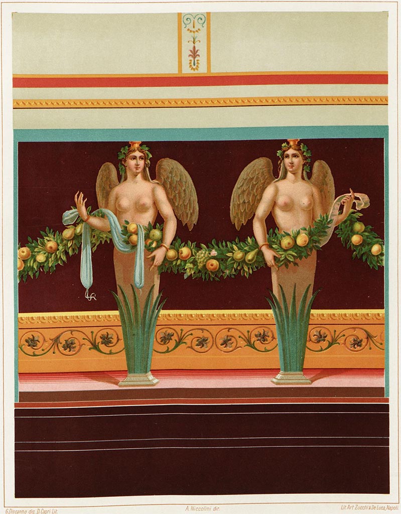 VII.1.40 Pompeii. 
Oecus 12, reproduction painting of female figures of herms carrying a garland of fruit and leaves. 
See Niccolini, F., 1890. Le Case ed i Monumenti di Pompei: Book 3, (Tav. XXI).
