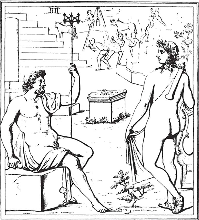 VII.1.47 Pompeii. Exedra 10, west wall. Drawing of painting of Apollo and Poseidon helping with the construction of the walls of Troy.
See Notizie degli Scavi di Antichità, 1862, pl. 5.
