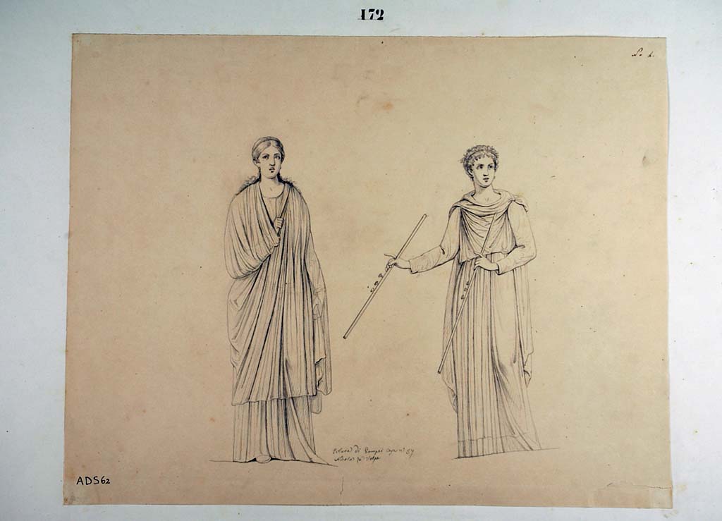 VII.1.47 Pompeii. Exedra 10, Muses from middle of yellow side panels in north-west corner.
Drawing by Nicola La Volpe, on the left is the Muse Polyhymnia from the north end of the west wall, (Helbig 888).
On the right is the Muse Euterpe, from the west end of the north wall, (Helbig 863).
Now in Naples Archaeological Museum. Inventory number ADS 62.
Photo © ICCD. http://www.catalogo.beniculturali.it
Utilizzabili alle condizioni della licenza Attribuzione - Non commerciale - Condividi allo stesso modo 2.5 Italia (CC BY-NC-SA 2.5 IT)
See Helbig, W., 1868. Wandgemälde der vom Vesuv verschütteten Städte Campaniens. Leipzig: Breitkopf und Härtel (863, 888). 
