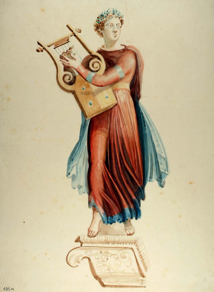 VII.1.47 Pompeii. Exedra 10, Muse from east side of south wall. 
Copy painting by Giuseppe Abbate, of the Muse Terpsichore, floating on a shelf, from the centre of the east side of the south wall. 
Now in Naples Archaeological Museum. Inventory number ADS 54.
Photo © ICCD. http://www.catalogo.beniculturali.it
Utilizzabili alle condizioni della licenza Attribuzione - Non commerciale - Condividi allo stesso modo 2.5 Italia (CC BY-NC-SA 2.5 IT)
See Helbig, W., 1868. Wandgemälde der vom Vesuv verschütteten Städte Campaniens. Leipzig: Breitkopf und Härtel, (869).
