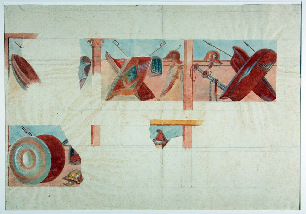 VII.1.47/25 Pompeii. c.1852-55. Detail of watercolour of frieze from west wall of peristyle 19, by Michele Mastracchio. 
Now in Naples Archaeological Museum. Inventory number ADS 1208.
Photo © ICCD. http://www.catalogo.beniculturali.it
Utilizzabili alle condizioni della licenza Attribuzione - Non commerciale - Condividi allo stesso modo 2.5 Italia (CC BY-NC-SA 2.5 IT)
