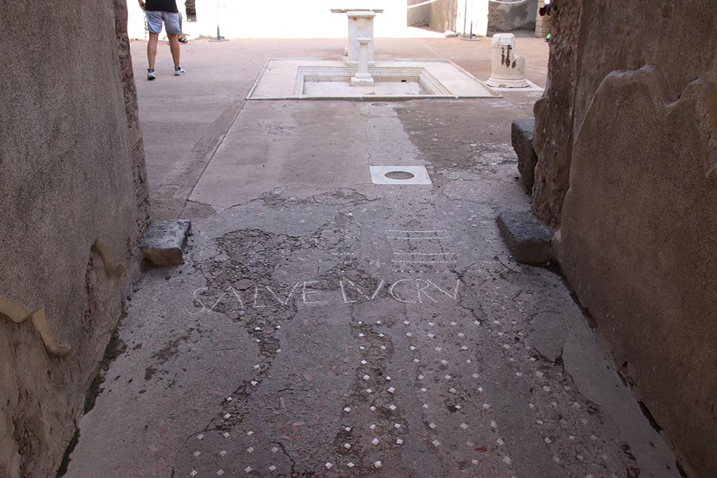 VII.1.47 Pompeii. October 2024. Entrance corridor 1 with mosaic of SALVE LVCRV. Photo courtesy of Klaus Heese.