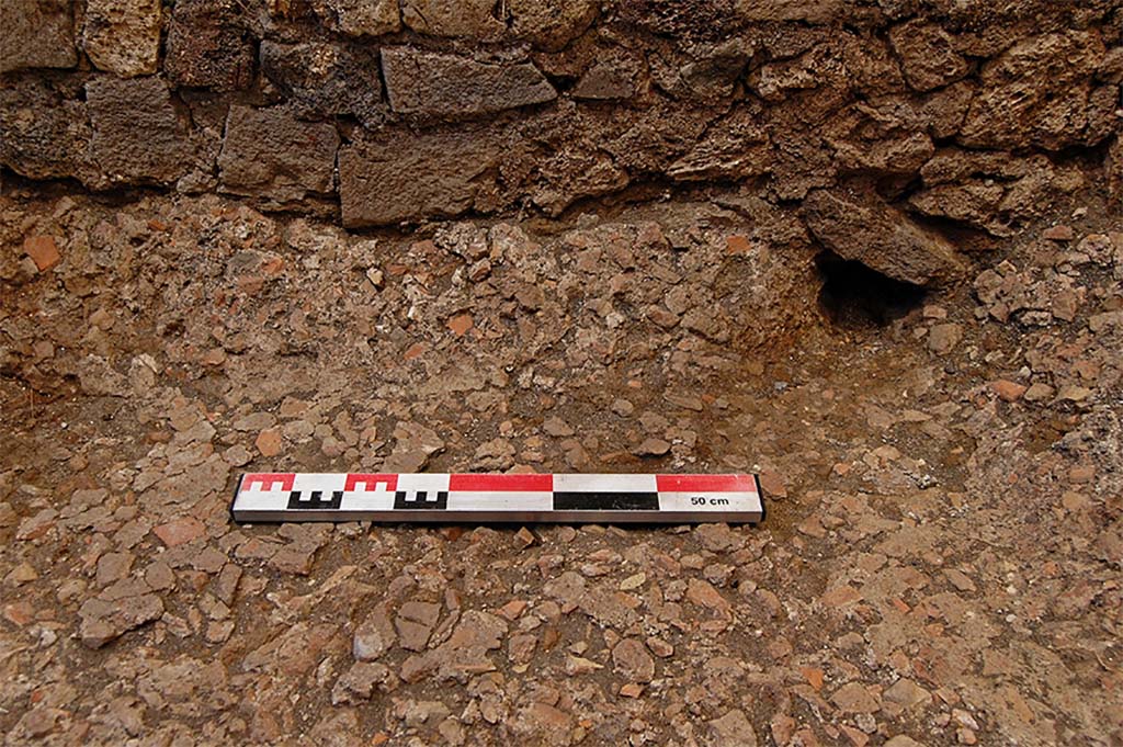 Fig. 27 – Pompéi, boulangerie VII 2, 3.6 – Bassin destiné à l’humidification du grain avant mouture : avaloir.
Vue du sud. La maçonnerie au-dessus du béton de tuileau est moderne.
Cliché : A. Delvigne-Ryrko – EFR.
