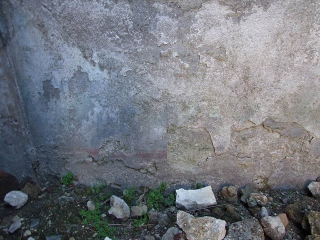 VII.2.14 Pompeii.  March 2009. Garden room.  West wall remains of garden wall painting.  Some plants, a red border and possibly the round basin of the fountain can be seen.