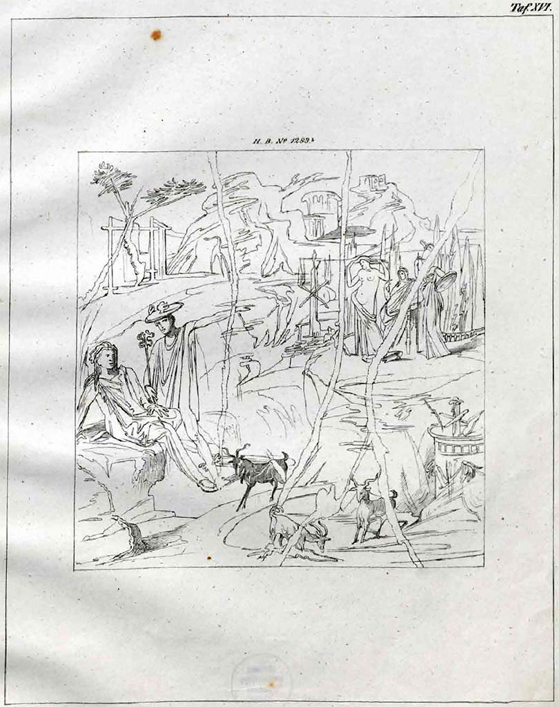 VII.2.14 Pompeii. 1868. Tablinum, south wall. Drawing by Helbig of the painting of the Judgement of Paris.
See Helbig, W., 1868. Wandgem�lde der vom Vesuv versch�tteten St�dte Campaniens. Leipzig: Breitkopf und H�rtel, 1283b, Taf. XVI.

