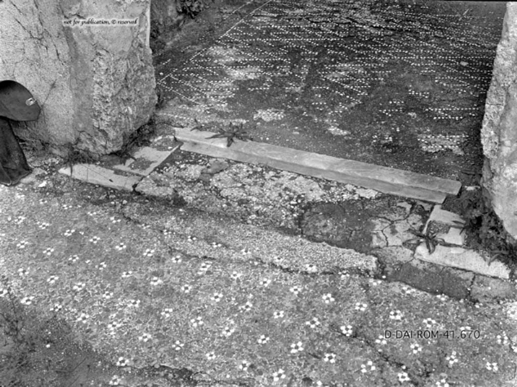 VII.2.16 Pompeii. c.1930. Doorway to room 5, from east portico.
DAIR 41.670. Photo � Deutsches Arch�ologisches Institut, Abteilung Rom, Arkiv.
See Pernice, E.  1938. Pavimente und Fig�rliche Mosaiken: Die Hellenistische Kunst in Pompeji, Band VI. Berlin: de Gruyter, (described as cubiculum �r�, 
see tav. 26,5, above.)

