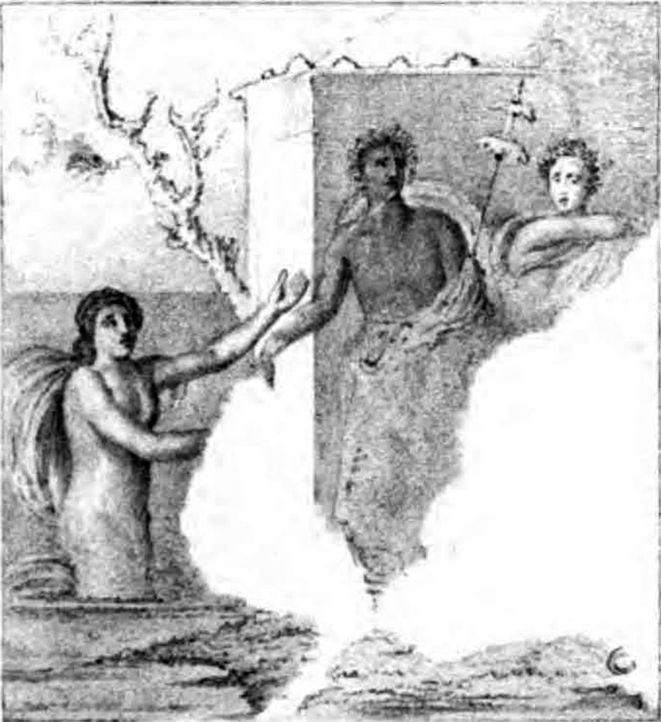 VII.2.16 Pompeii. Room 8, oecus. North wall. Painting of Myth of Lycurgus with Dionysus and maenad.
See Arch�ologische Zeitung, 27, 1869, Tafel 21,1.
Kuivalainen comments �
This is a half-naked young Bacchus persecuted by Lycurgus, fleeing into the sea and to the safety of Thetis. The billowing cloak is also sometimes depicted in paintings of the discovery of Ariadne and meeting other humans. The gestures here are noteworthy for expressing feelings: Thetis anxious, Bacchus calm and having almost reached safety, as the touching arms indicate; the maenad is trying to protect herself, while checking on the progress of the other two. Most probably there were other figures in the destroyed part.
See Kuivalainen, I., 2021. The Portrayal of Pompeian Bacchus. Commentationes Humanarum Litterarum 140. Helsinki: Finnish Society of Sciences and Letters, (F28, p.181).

