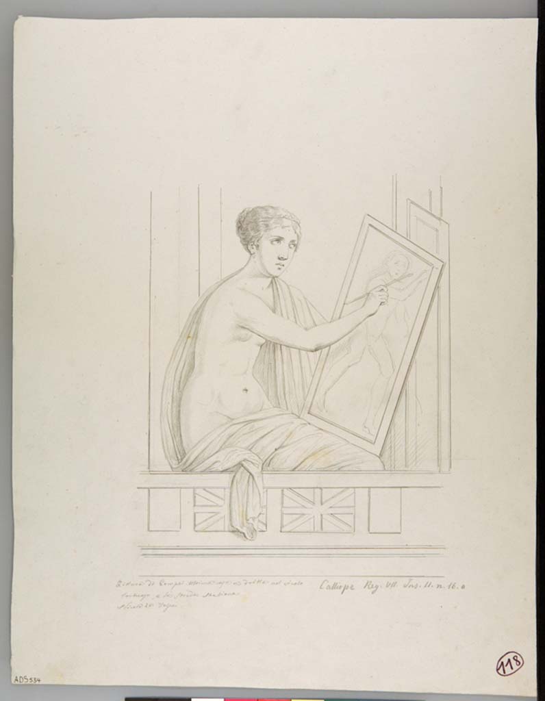VII.2.16 Pompeii. Drawing by Nicola La Volpe, from the north end of east wall, the Muse Calliope or Clio intent on drawing a Satyr.
Now in Naples Archaeological Museum. Inventory number ADS 534.
Photo � ICCD. http://www.catalogo.beniculturali.it
Utilizzabili alle condizioni della licenza Attribuzione - Non commerciale - Condividi allo stesso modo 2.5 Italia (CC BY-NC-SA 2.5 IT)