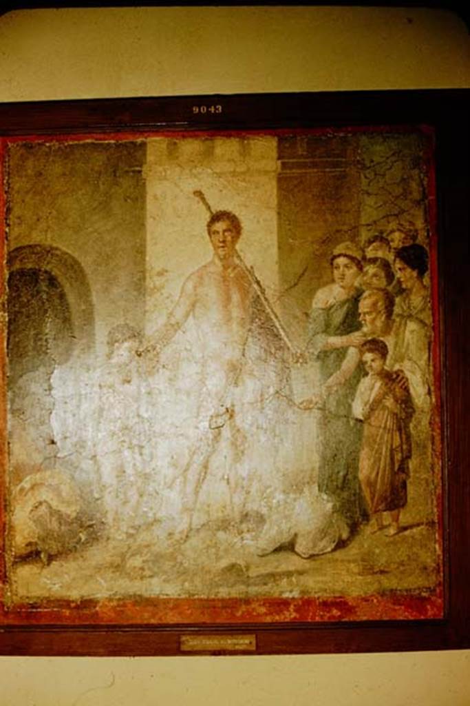 VII.2.16 Pompeii. 1957. Room 17, east wall of exedra.  Wall painting of Theseus being honoured by the Athenians after killing the Minotaur who lies on the ground.
Now in Naples Archaeological Museum.  Inventory number: 9043. Photo by Stanley A. Jashemski.
Source: The Wilhelmina and Stanley A. Jashemski archive in the University of Maryland Library, Special Collections (See collection page) and made available under the Creative Commons Attribution-Non Commercial License v.4. See Licence and use details. J57f0505
