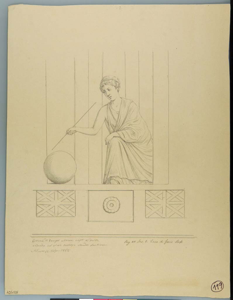 VII.2.16 Pompeii. Drawing by Nicola La Volpe, 1868, from right (west) side of south wall, the Muse Urania,
Now in Naples Archaeological Museum. Inventory number ADS 535.
Photo � ICCD. http://www.catalogo.beniculturali.it
Utilizzabili alle condizioni della licenza Attribuzione - Non commerciale - Condividi allo stesso modo 2.5 Italia (CC BY-NC-SA 2.5 IT)
