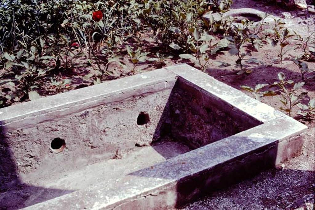 VII.2.16 Pompeii. 1977. Looking north-east across pool in peristyle. Photo by Stanley A. Jashemski.   
Source: The Wilhelmina and Stanley A. Jashemski archive in the University of Maryland Library, Special Collections (See collection page) and made available under the Creative Commons Attribution-Non Commercial License v.4. See Licence and use details. J77f0465

