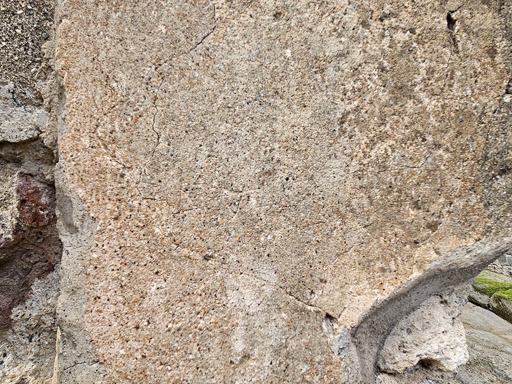 VII.2.16 Pompeii. November 2024. Detail of graffiti on inner right side of entrance doorway. Photo courtesy of Annette Haug.
According to the Giornale degli Scavi 1868, this house has on the exterior wall a red podium on which are scratched various inscriptions, of which it is necessary to remember the following two here:
M. GAVI DOMVS was to the left of the entrance
RUFII VA(le) was on the right door leaf/pillar (anta)
which give us the name of the person who lived in the house.
See Giornale degli Scavi, Nuova Serie. Settembre 1868, p. 25.
