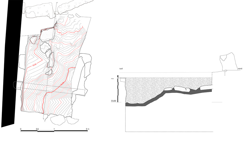 Fig. 40 � Pomp�i, boulangerie VII 2, 22 � Plan et coupe de l�espace souterrain.
Les courbes de niveau du plan correspondent � l�arr�t de la fouille, sur le niveau de cendres �ruptives (isopl�thes d�altitude chaque 2,5 cm).
�chelle : 1/20.
Relev� / dessin : F. Fouriaux / N. Monteix � EFR.
