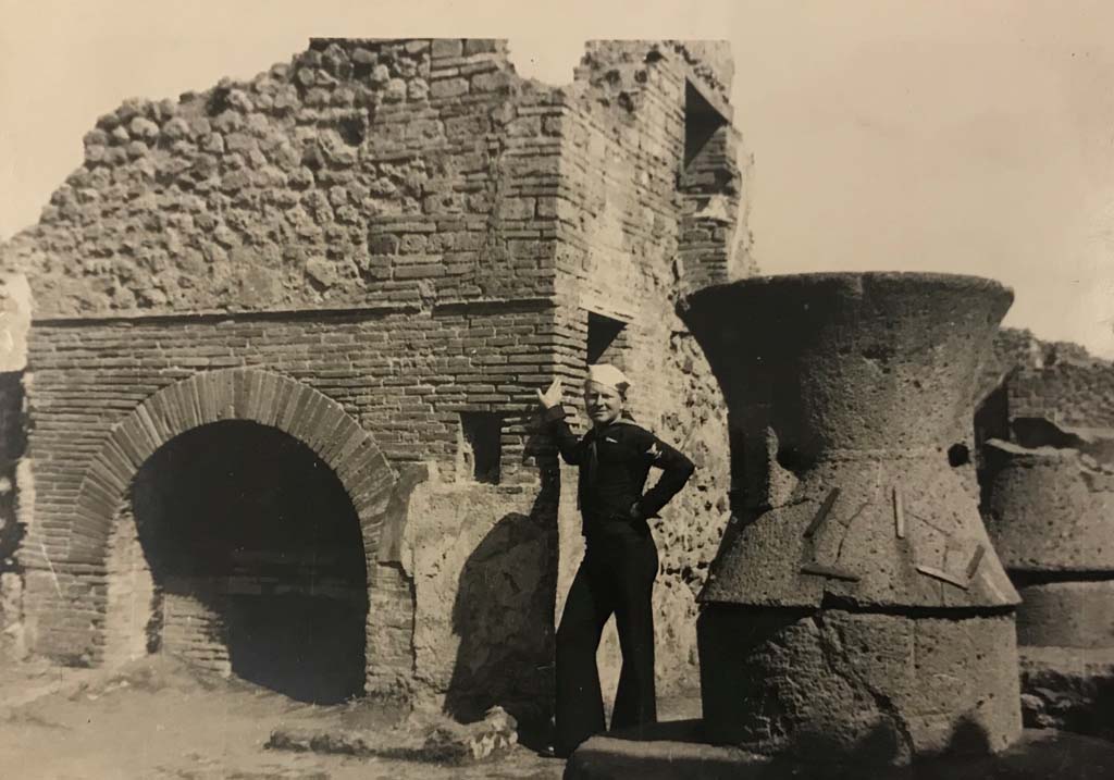 VII.2.22 Pompeii. 1944. Looking towards oven and mills in bakery. Photo courtesy of Rick Bauer.
(This photo was in an album belonging to a “sailor” assigned to Patrol Squadron 63 (VP-63).) 

