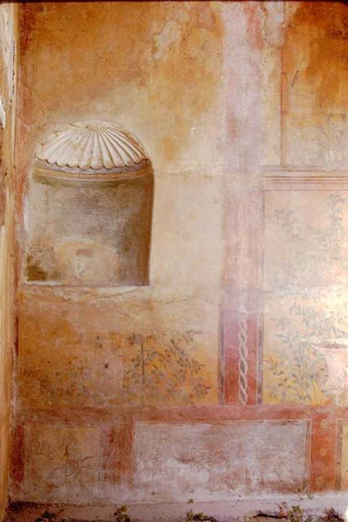 VII.2.25 Pompeii. 1961. Viridarium, north end of east wall. Photo by Stanley A. Jashemski.
Source: The Wilhelmina and Stanley A. Jashemski archive in the University of Maryland Library, Special Collections (See collection page) and made available under the Creative Commons Attribution-Non Commercial License v.4. See Licence and use details.
J61f0766 
