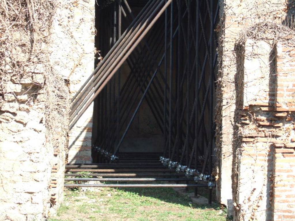VII.2.25 Pompeii. September 2005. Looking east to the viridarium at the rear of the portico.
According to PPP, this is the viridarium and contains an arched niche in the east wall. Boyce thought this was the oecus. Jashemski points out that Boyce was in error, and that the area of the viridarium had been roofed to protect the paintings. Jashemski agreed with PPP and said the area at the rear was the small garden. See Bragantini, de Vos, Badoni, 1986. Pitture e Pavimenti di Pompei, Parte 3. Rome: ICCD. (p.80) See Boyce G. K., 1937. Corpus of the Lararia of Pompeii. Rome: MAAR 14. (p.63, no. 254)  See Jashemski, W. F., 1993. The Gardens of Pompeii, Volume II: Appendices. New York: Caratzas. (p.174 and p.359 for full description)