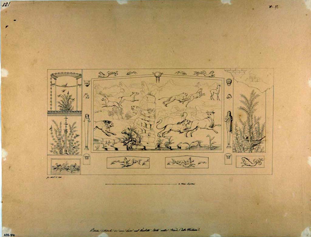 VII.2.25 Pompeii. Drawing by Giuseppe Abbate, 1846, of animal hunt from south wall of viridarium. 
See Helbig, W., 1868. Wandgemälde der vom Vesuv verschütteten Städte Campaniens. Leipzig: Breitkopf und Härtel, 1586.
Now in Naples Archaeological Museum. Inventory number ADS 541.
Photo © ICCD. http://www.catalogo.beniculturali.it
Utilizzabili alle condizioni della licenza Attribuzione - Non commerciale - Condividi allo stesso modo 2.5 Italia (CC BY-NC-SA 2.5 IT)
