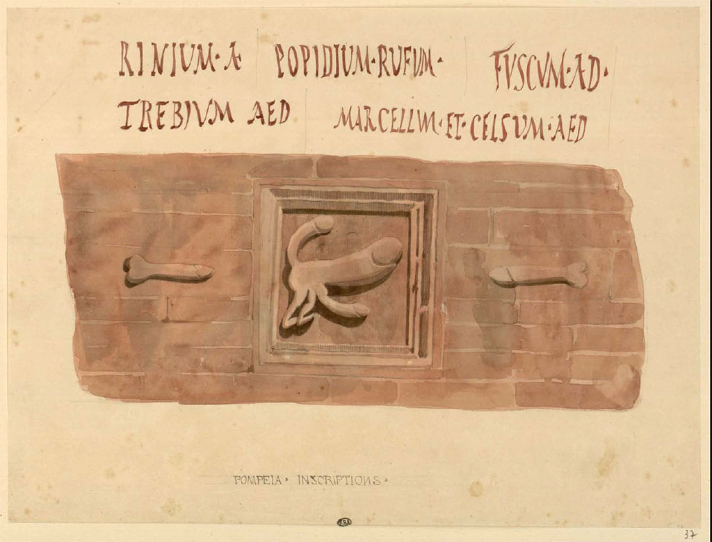 VII.2.31 and VII.2.32 Pompeii. Between 1823 and 1828 sketch by Felix Duban of plaque with phallus, and inscriptions.
See Duban F. Album de dessins d'architecture effectu�s par F�lix Duban pendant son pensionnat � la Villa Medicis, entre 1823 et 1828: Tome 2, Pomp�i, pl. 37.
INHA Identifiant num�rique NUM PC 40425 (2)
https://bibliotheque-numerique.inha.fr/idurl/1/7157  � Licence Ouverte / Open Licence � Etalab
