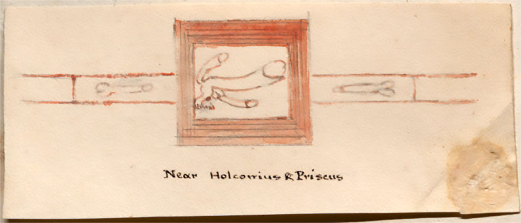 VII.2.31 and VII.2.32 Pompeii. 7th August 1824? Sketch by William Gell of plaque with phallus, near Holconius and Priscus. 
On the back is a note "Indecent figures in brick work 7 8 24".
See Gell, W. Pompeii unpublished [Dessins de l'�dition de 1832 donnant le r�sultat des fouilles post 1819 (?)] vol II, pl. 92 verso.
Biblioth�que de l'Institut National d'Histoire de l'Art, collections Jacques Doucet, Identifiant num�rique Num MS180 (2).
See book in INHA Use Etalab Licence Ouverte
