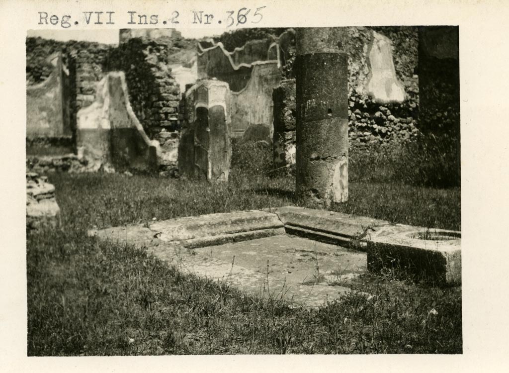 VII.2.35 Pompeii. Pre-1937-39. Looking north-east across impluvium in atrium.
Photo courtesy of American Academy in Rome, Photographic Archive. Warsher collection no. 1499
